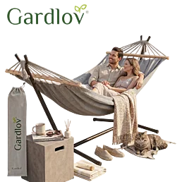 Dvojmístná zahradní houpačka houpací síť hamak se stabilním kovovým stojanem 200x150 cm