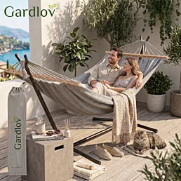 Dvojmístná zahradní houpačka houpací síť hamak se stabilním kovovým stojanem 200x150 cm - Náhled